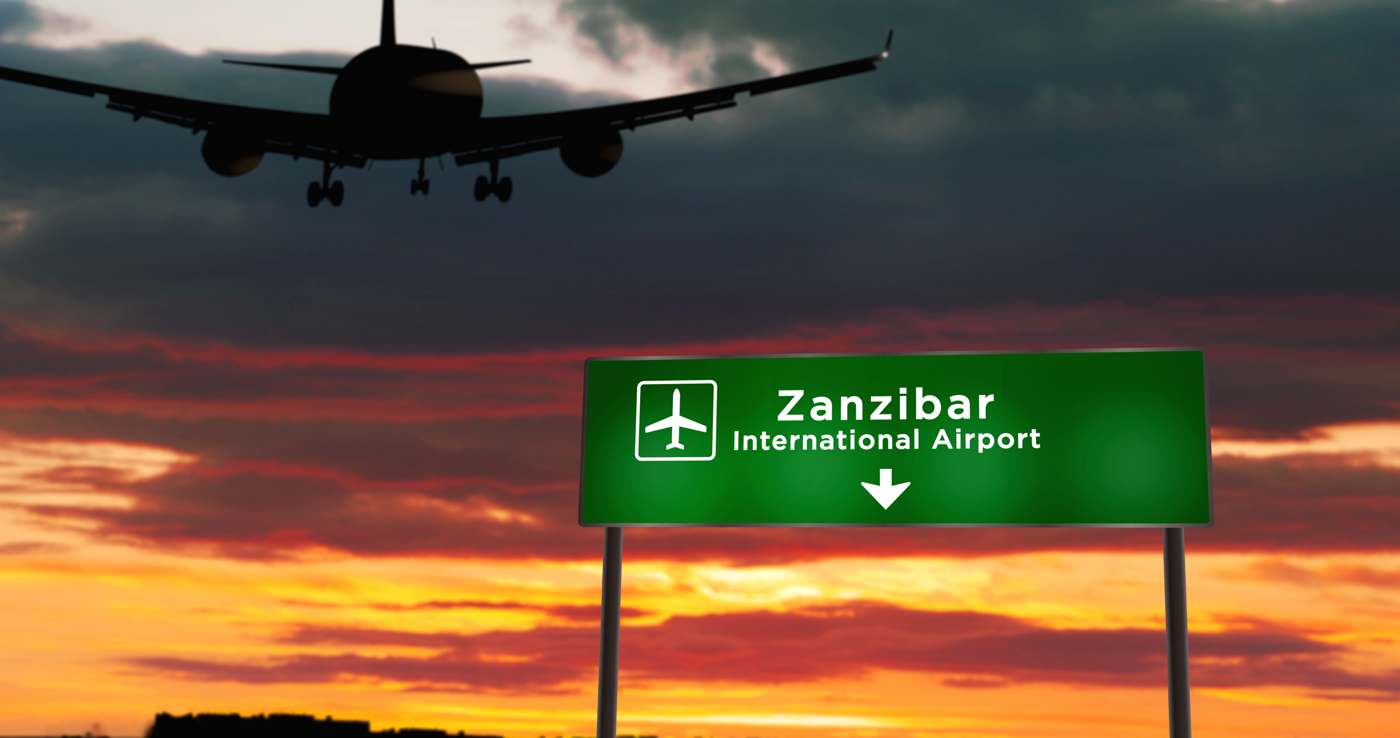 Airplane Silhouette Landing In Zanzibar Tanzania City Arrival With Airport Direction Signboard