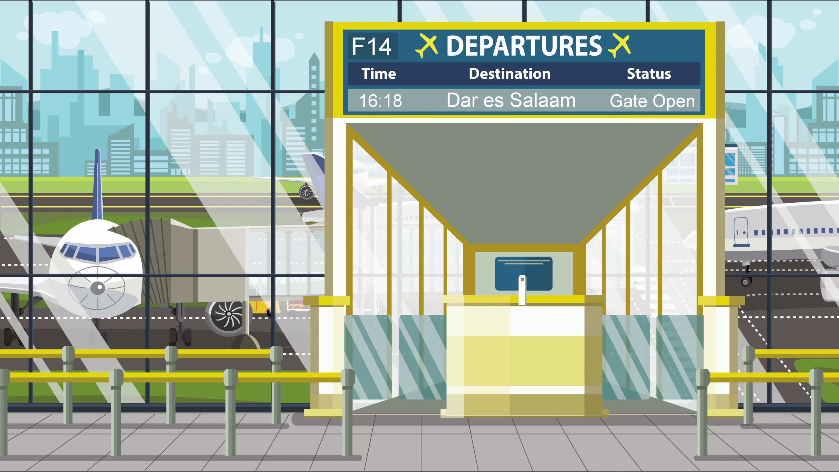Airport Departure Board With Dar Es Salaam Caption Travel In Tanzania Related Cartoon