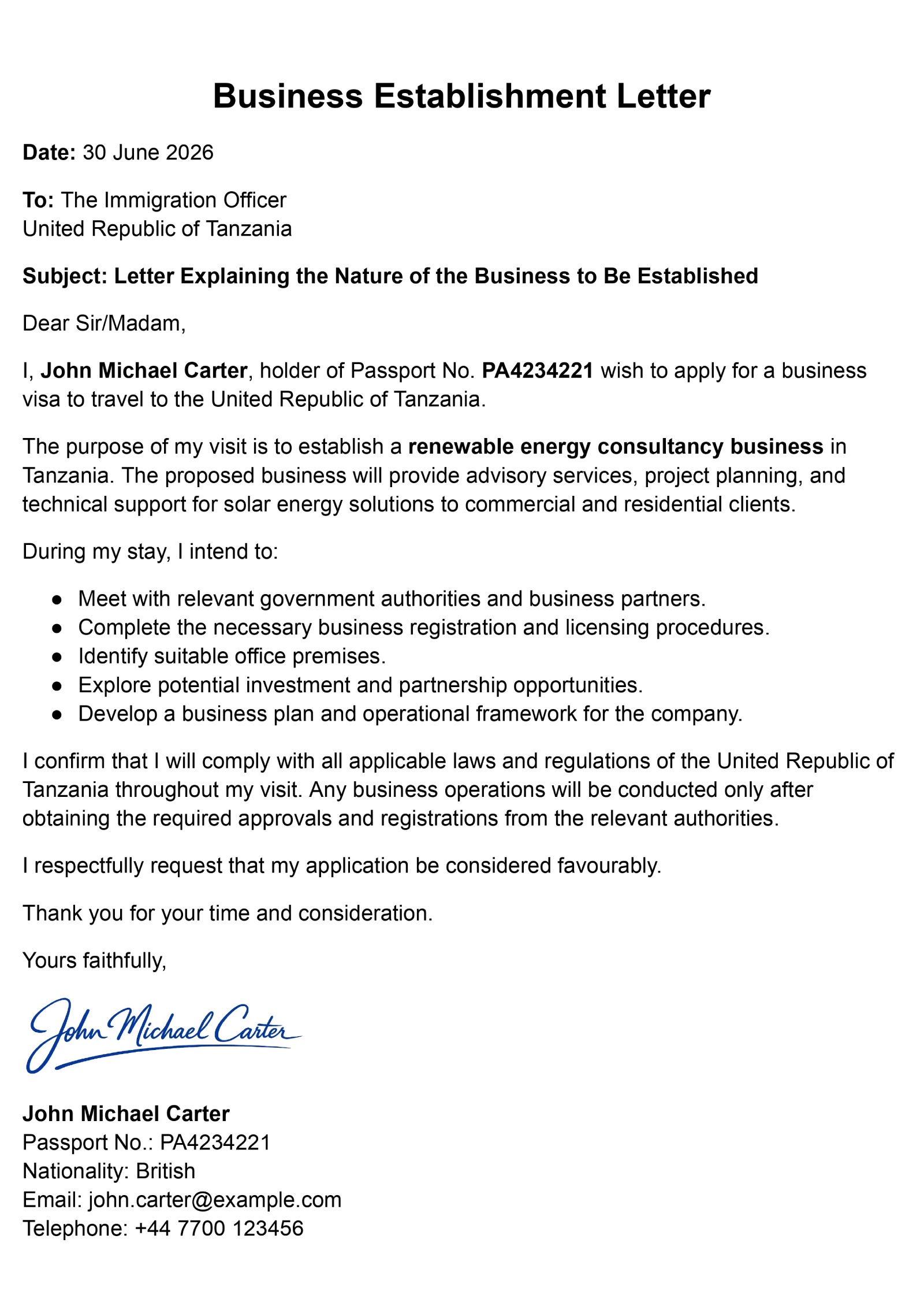 Business Establishment Letter