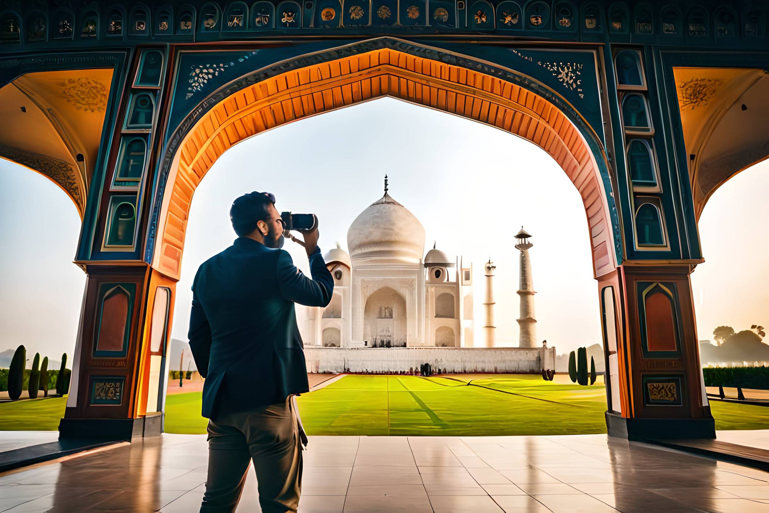 Businessman Taking Photo Of Taj Mahal In Agra India