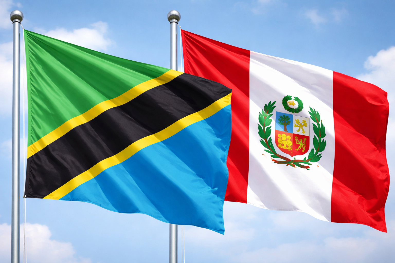 Flags Of Tanzania And Peru In The Sky