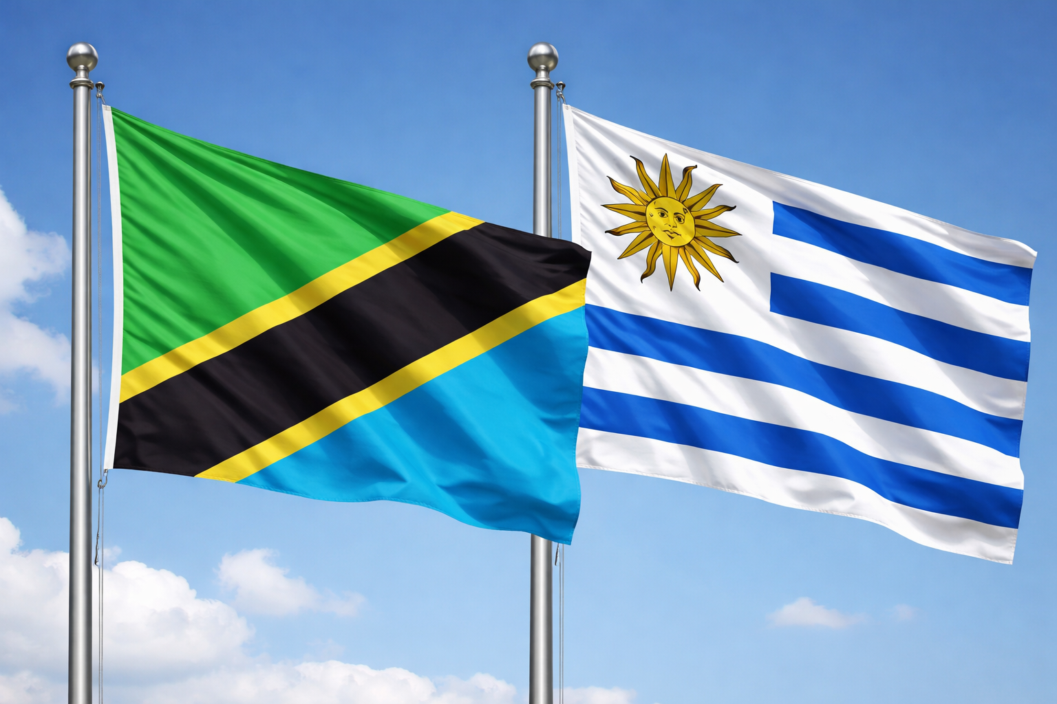 Flags Of Tanzania And Uruguay Fluttering