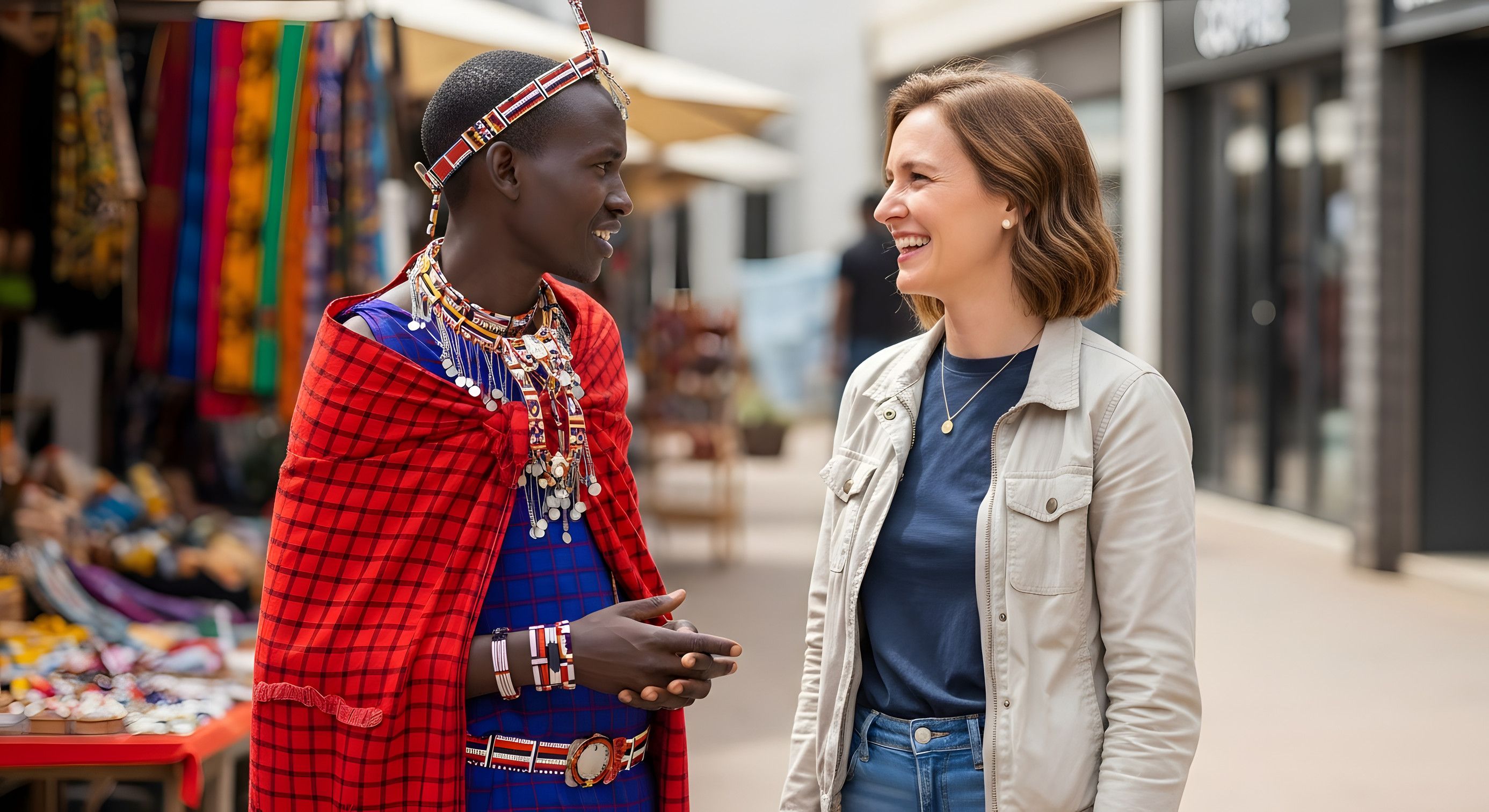Maasai Man Talking With Female Tourist At Outdoor Market