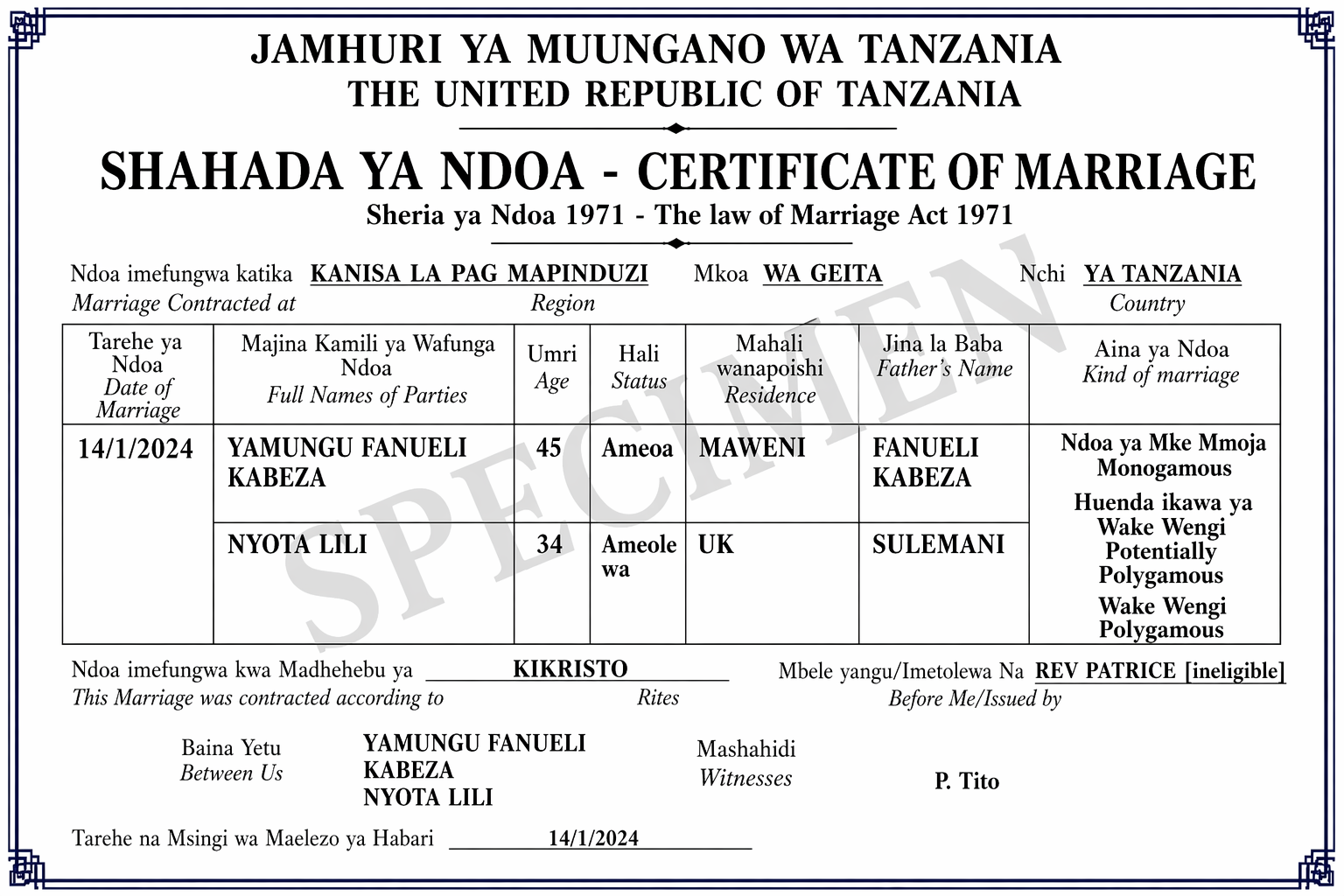 Marriage Certificate Sample