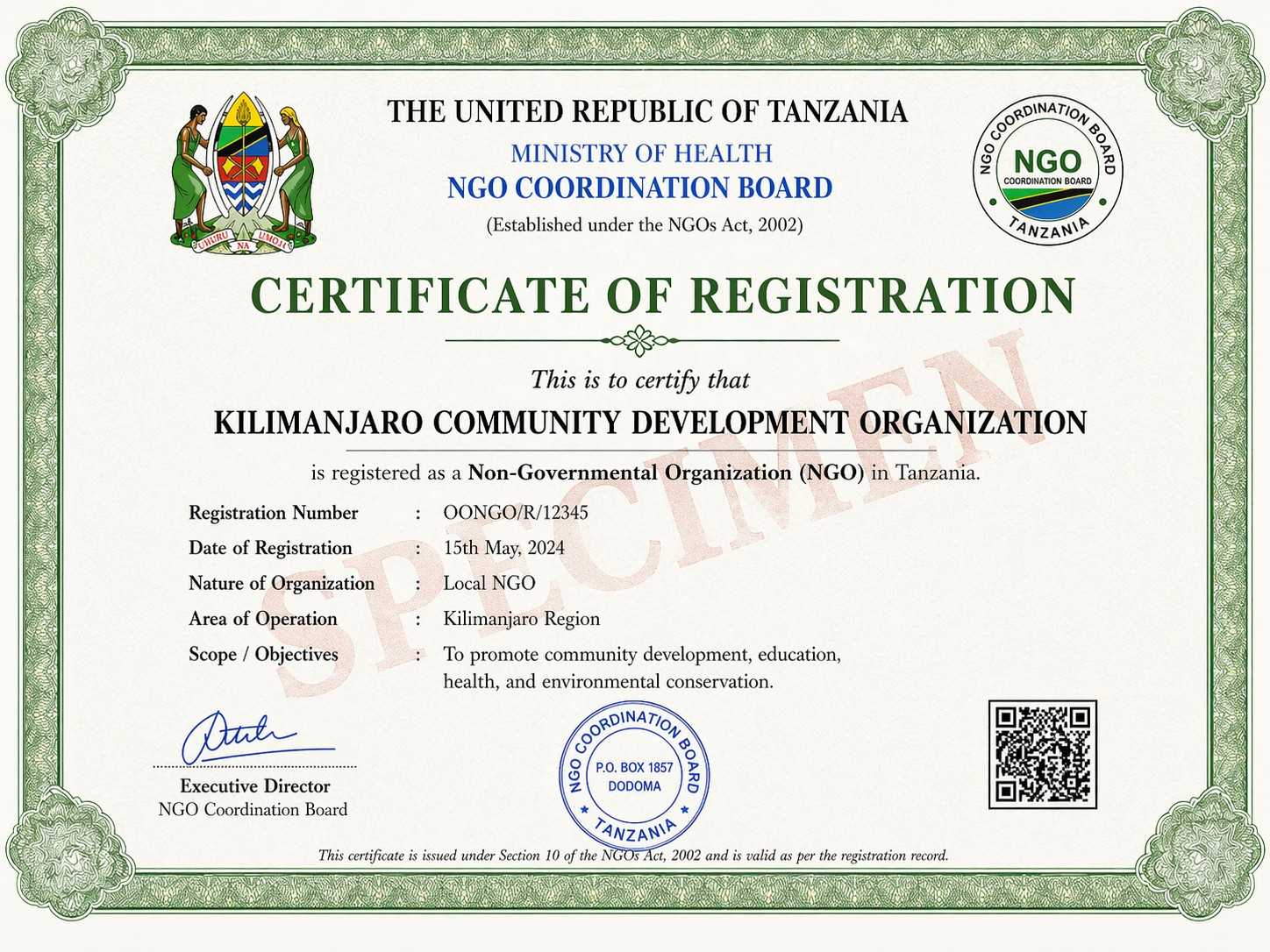 NGOs' Registration Certificates Sample
