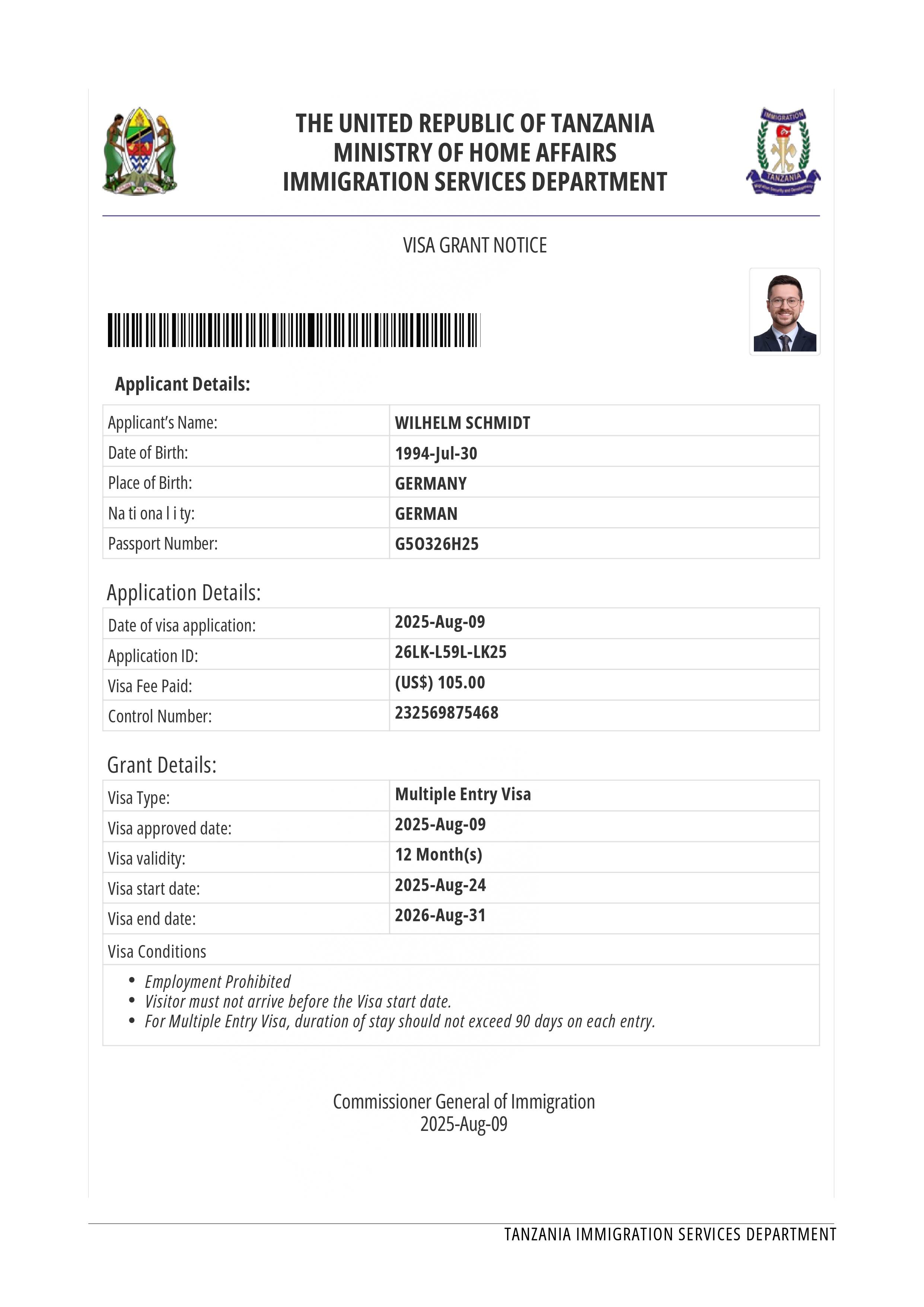 Tanzania eVisa Approval Document