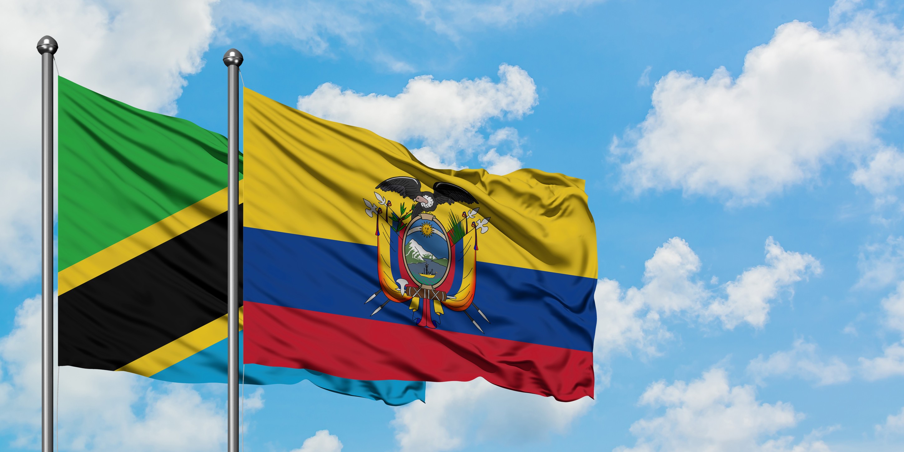 Tanzania And Ecuador Flag Waving In The Wind