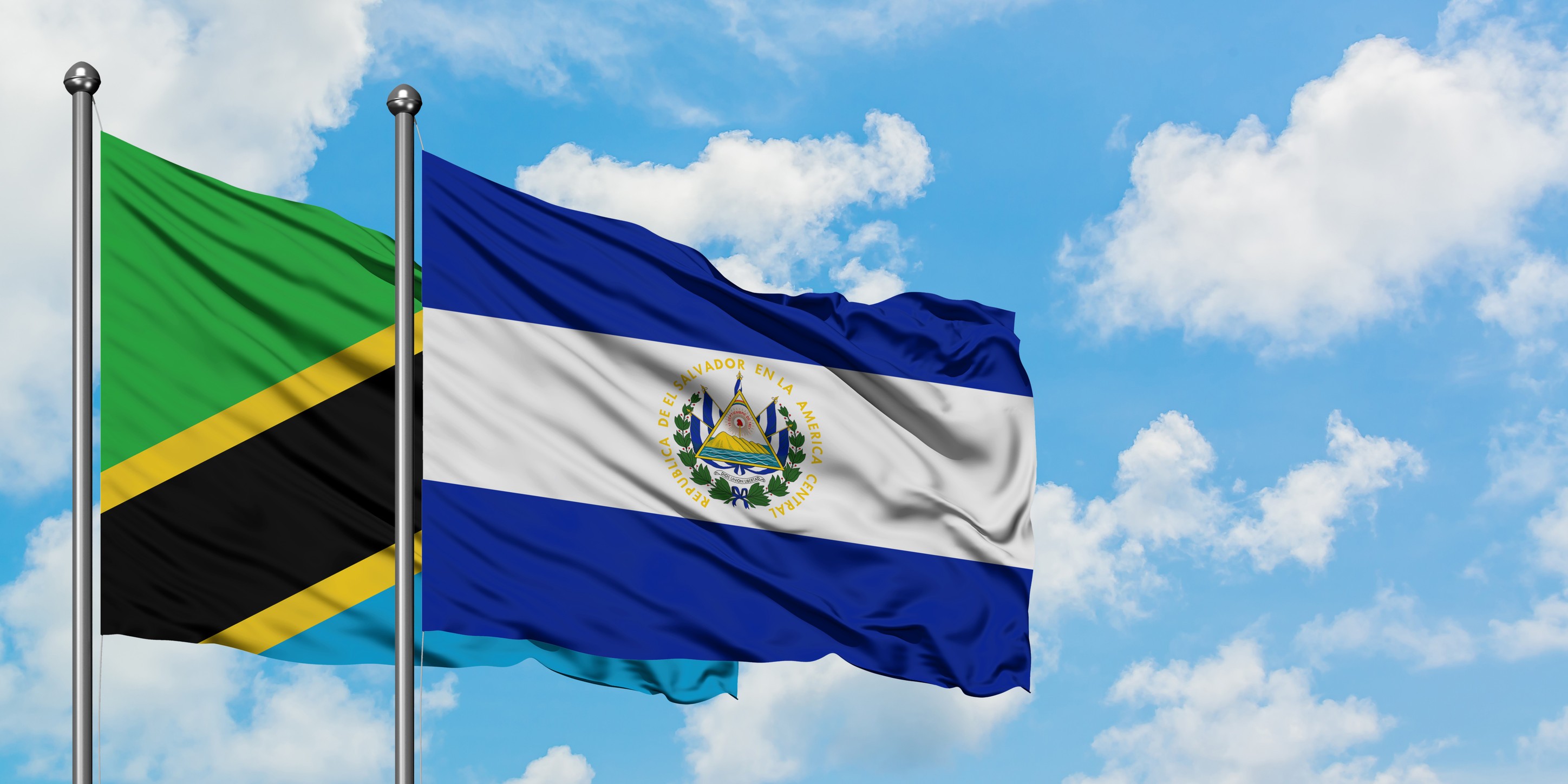 Tanzania And El Salvador Flag Waving In The Wind Against White Cloudy