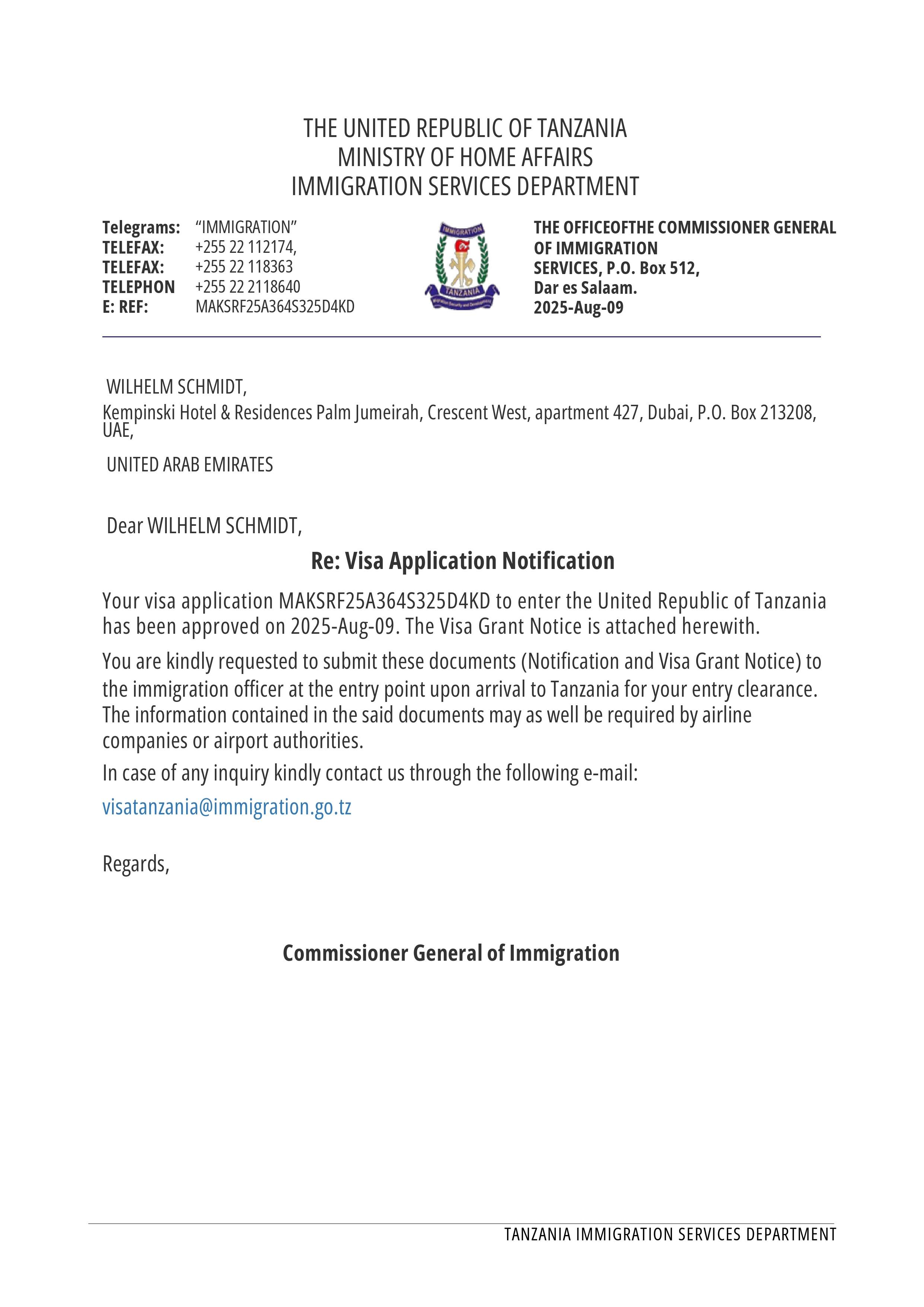 Approved Electronic Visa Tanzania